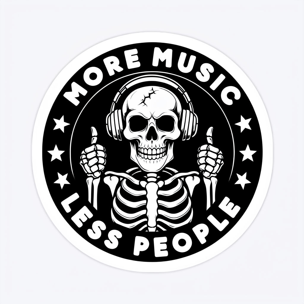 Cheerful Skeleton with Headphones More Music Less People Sticker