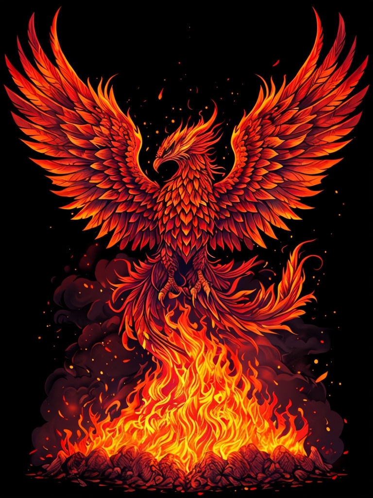 Majestic Phoenix Illustration with Fiery Flames T-Shirt