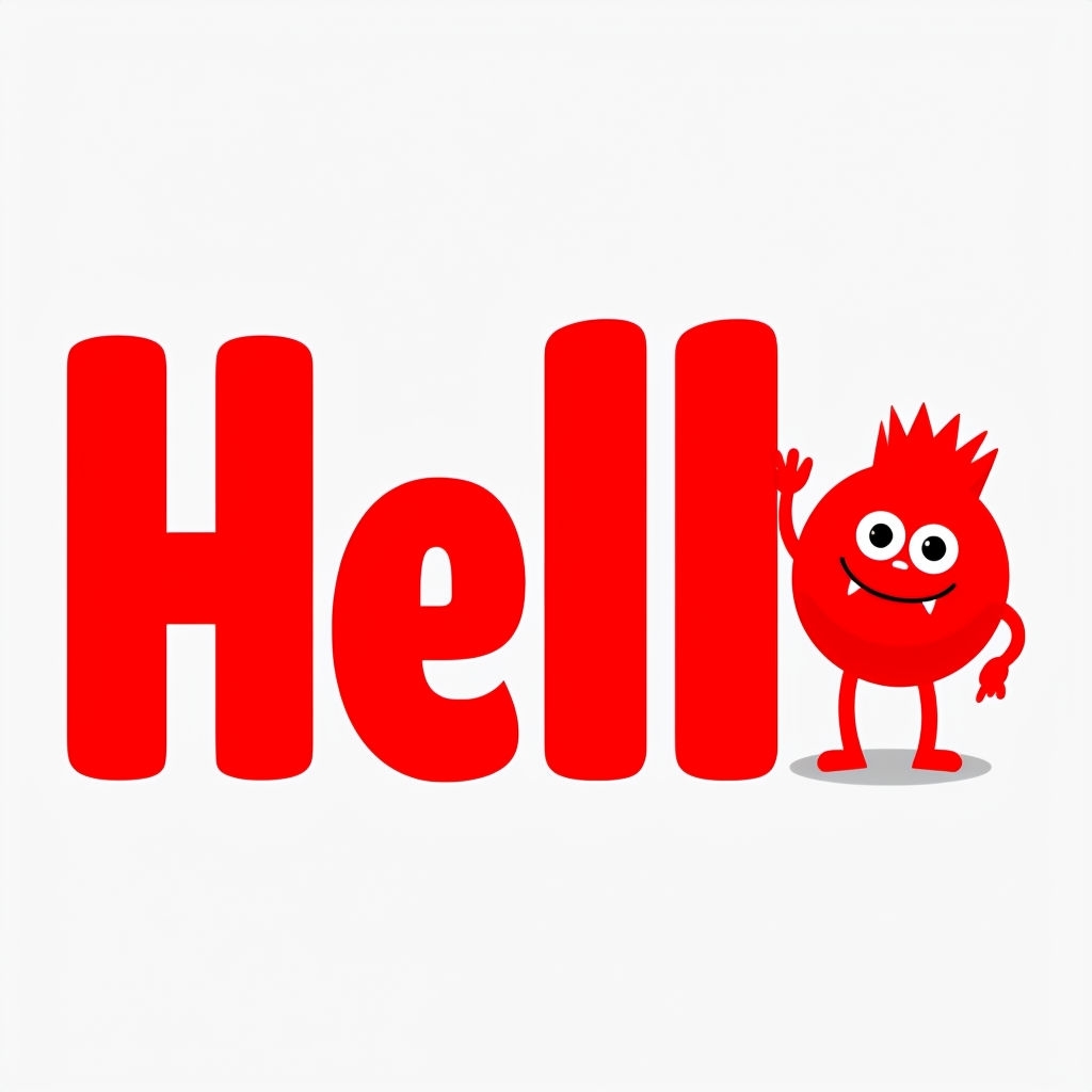 Playful Red 'Hello' Text with Cheerful Monster Character Mug