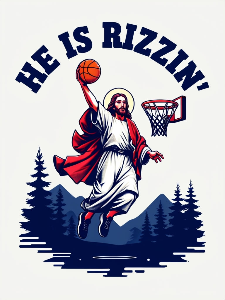 Playful Jesus Christ Basketball Slam Dunk Art Featuring 'He is Rizzin' Text Poster