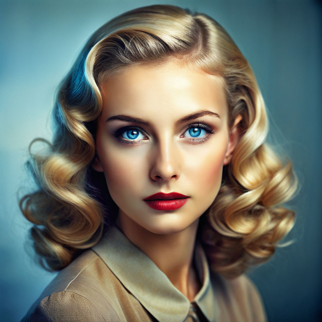 50s sandy blonde with hair partially covering her eyes