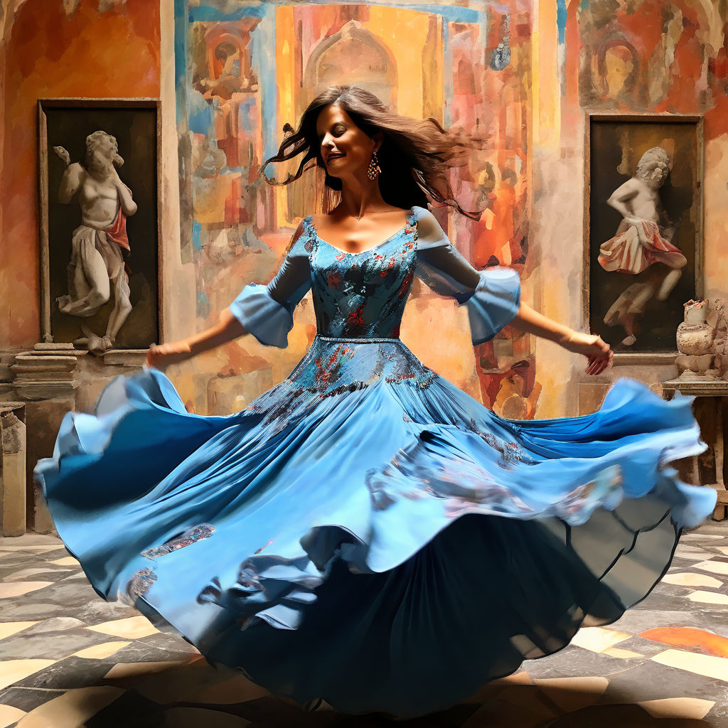 A women wearing a blue dress dancing around at a party