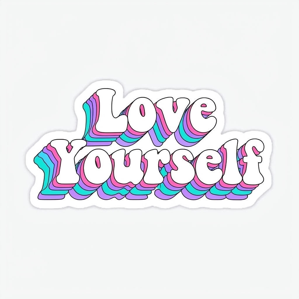 Colorful Retro Love Yourself Sticker with 3D Text Design