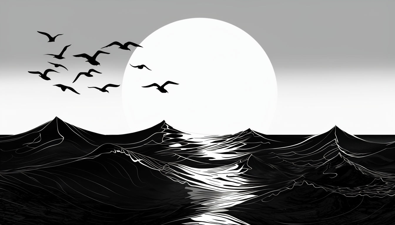 Serene Black and White Seascape Illustration for Virtual Backgrounds