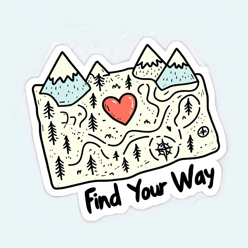 Whimsical Illustrated Map with Heart and Mountains Sticker