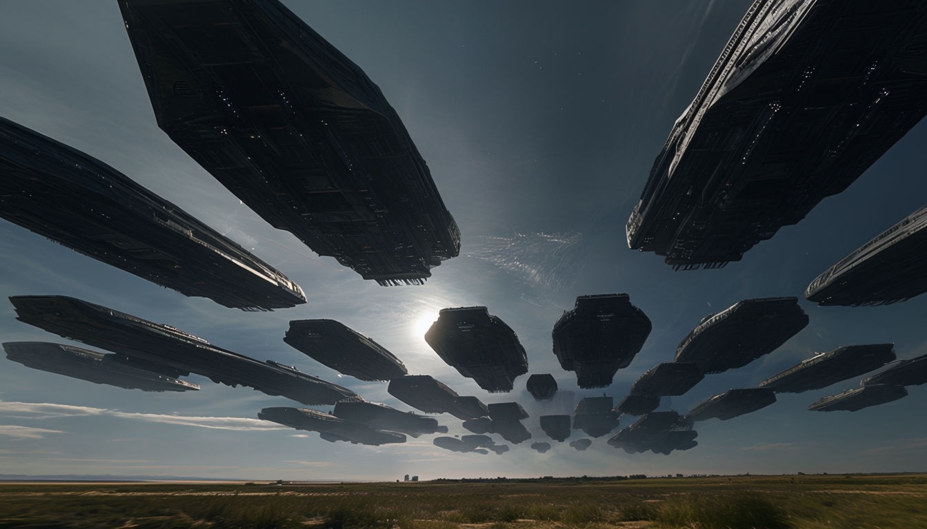 Ominous Alien Invasion Ships Over Natural Landscape Background