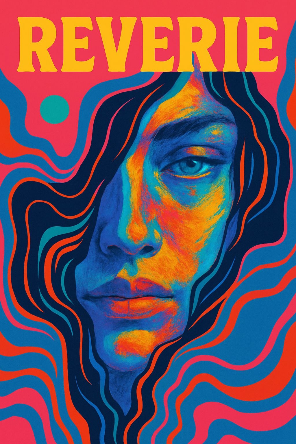 Vibrant Psychedelic Woman's Face Portrait with Dreamlike Background Poster