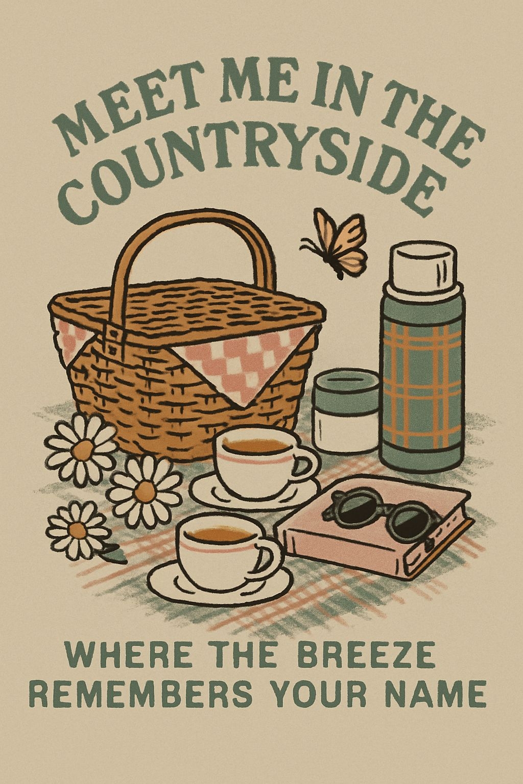 Serene Vintage Countryside Picnic Scene with Whimsical Text Poster