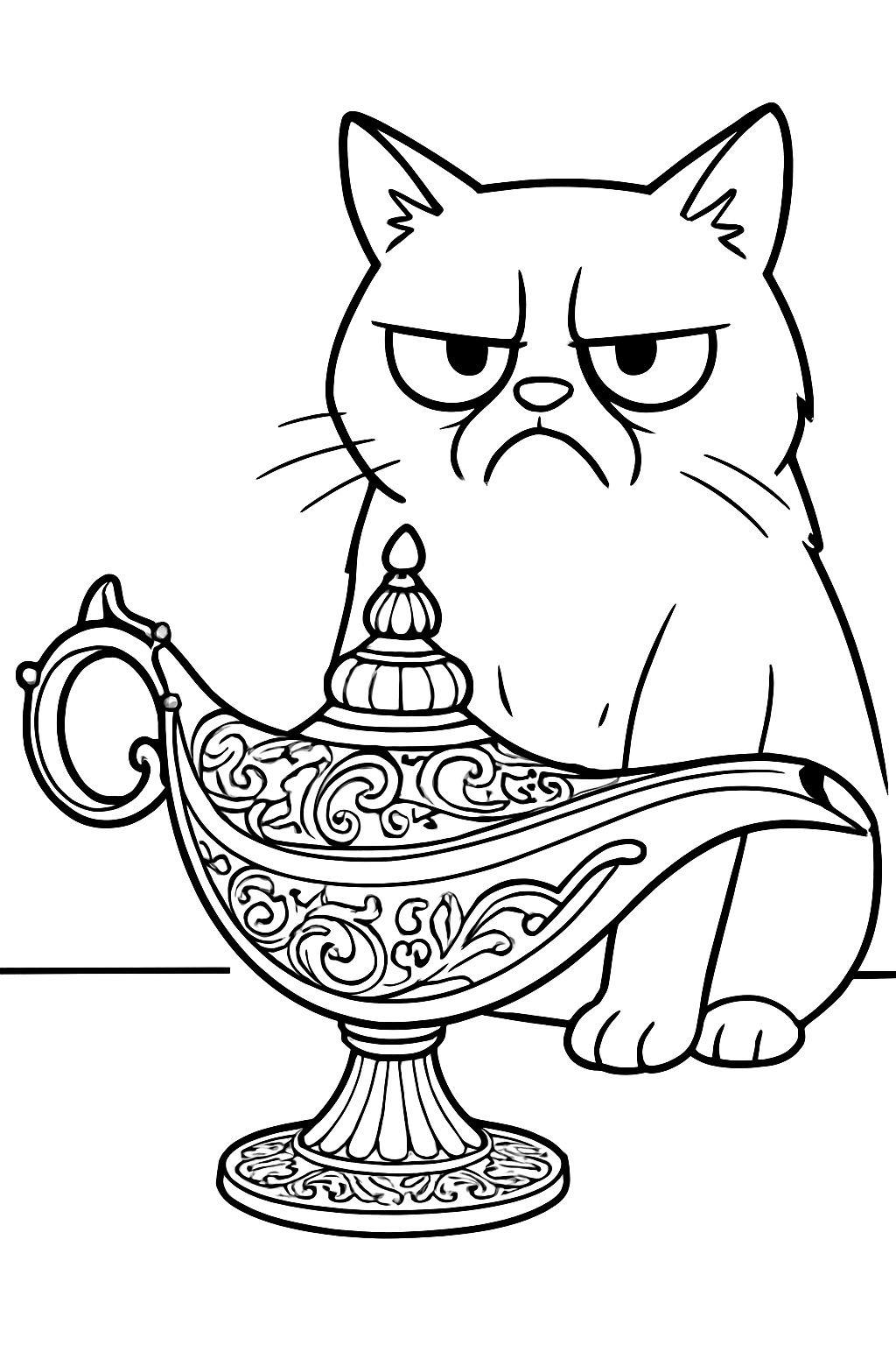 Grumpy Cartoon Cat with Ornate Genie Lamp Coloring Book Page