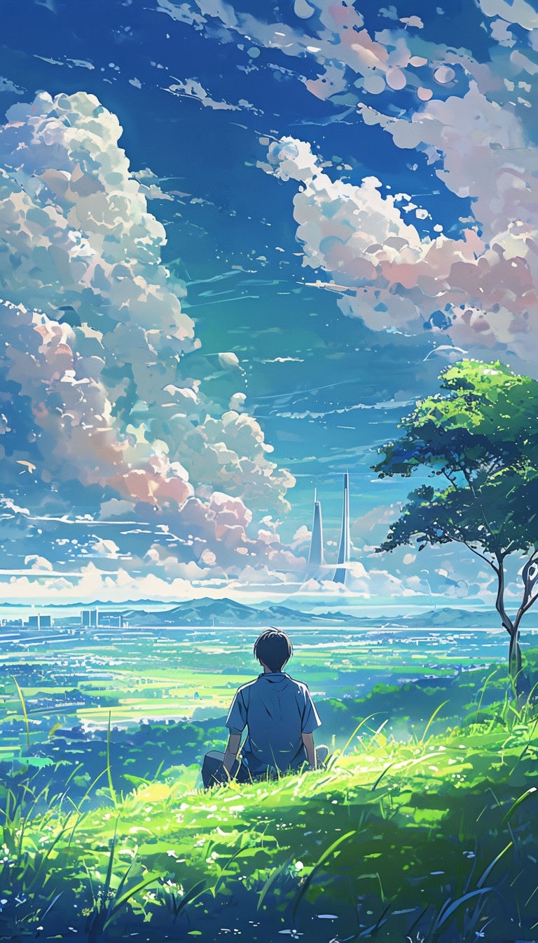 Serene Anime Landscape with Young Man on Grassy Hillside Mobile Wallpaper
