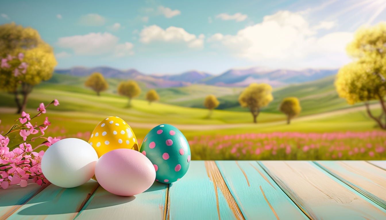 Vibrant Easter Eggs Still Life Against a Pastel Blue Background Virtual Backgrounds