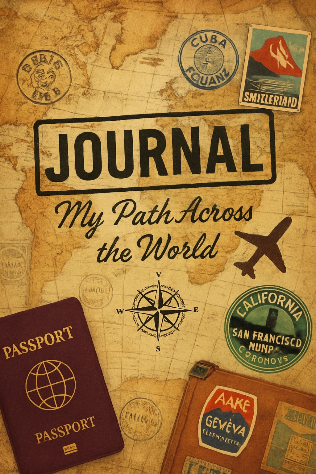 Vintage Travel Journal Cover with World Map and Nostalgic Elements EBook Cover
