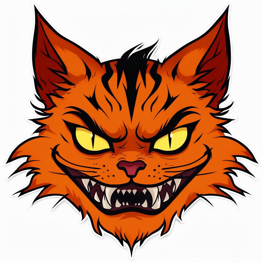 Fiery Orange Demonic Cat Face Cartoon Illustration Sticker