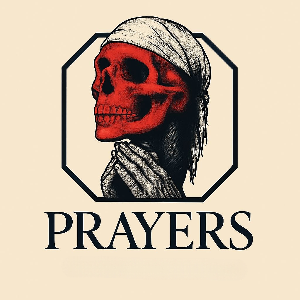 Vivid Red Skull with Praying Hands Graphic T-Shirt