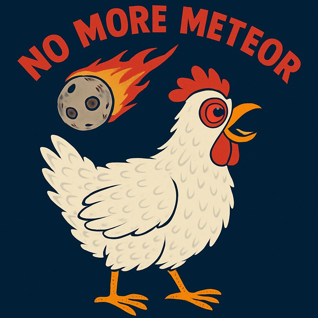 Whimsical Cartoon Chicken with Meteor and Funny Text T-Shirt