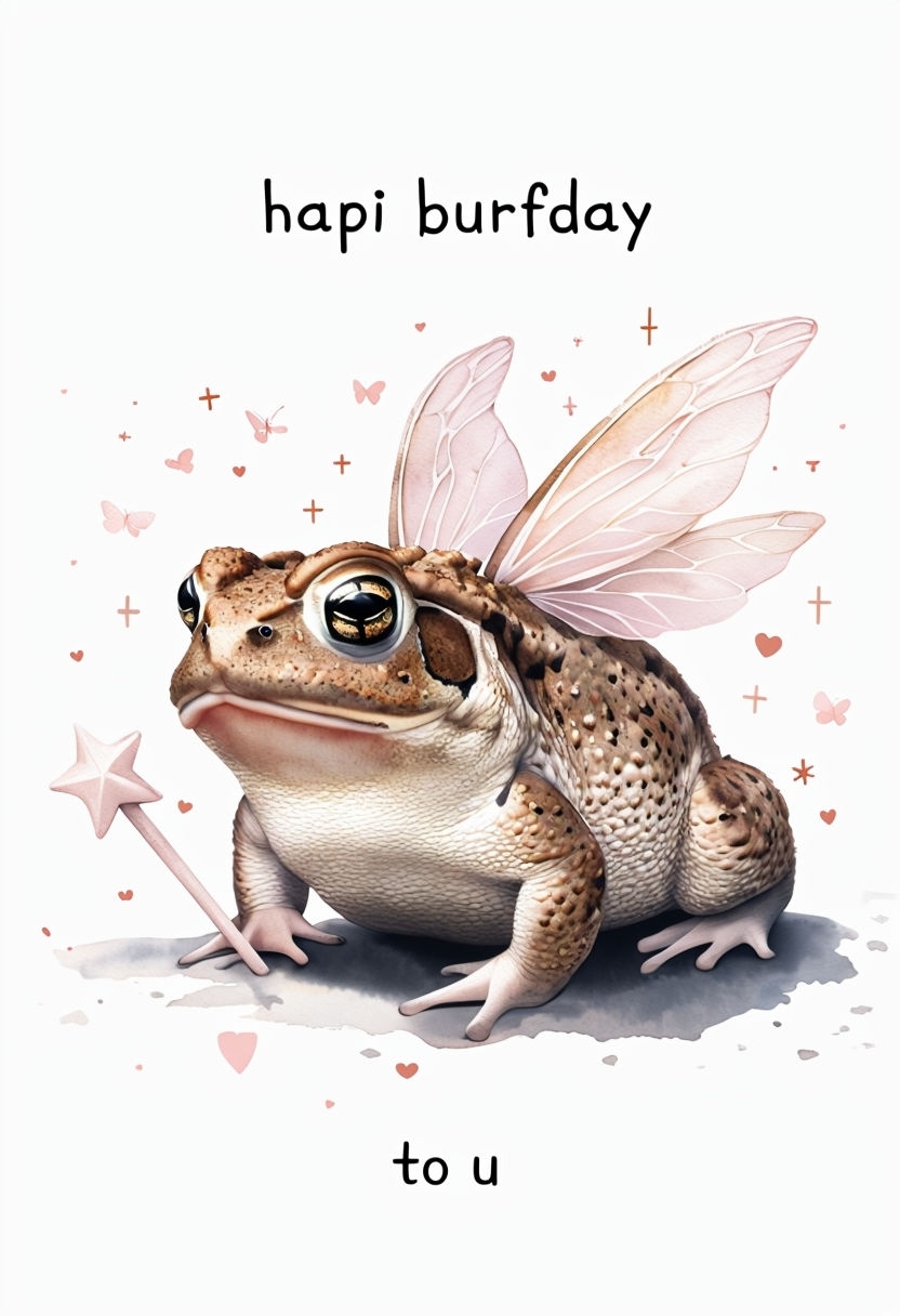 Whimsical Burrowing Toad Birthday Card Design with Fairy Wings