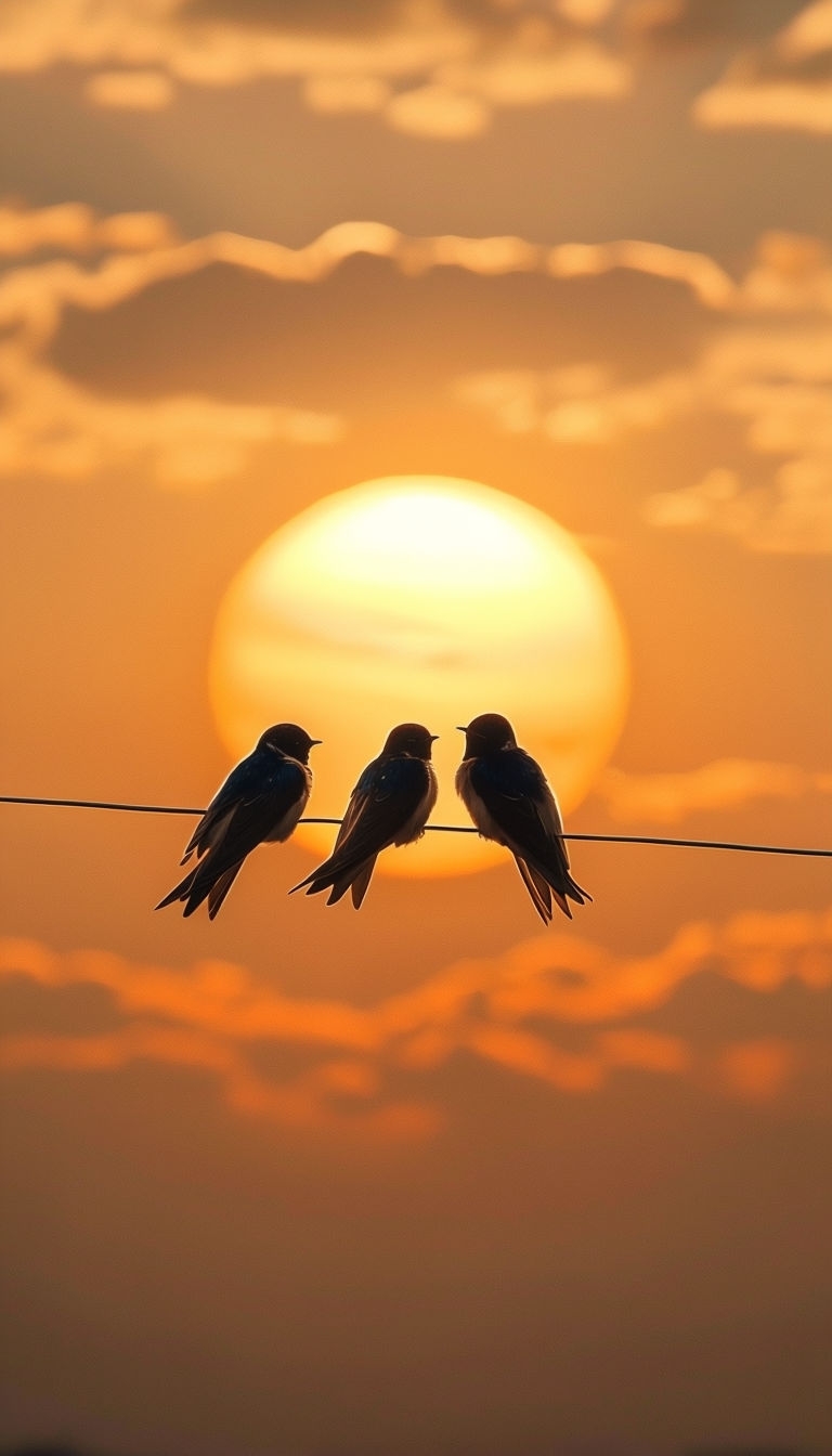 Serene Swallows Silhouetted Against Vibrant Sunset Sky Mobile Wallpaper