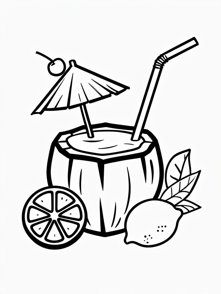 Tropical Coconut Cocktail Line Art for Relaxing Coloring Book Pages