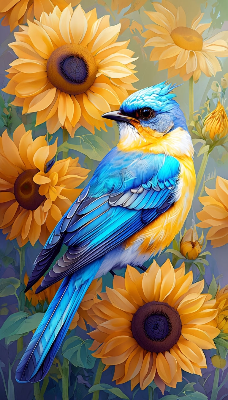 Vibrant Blue Bird Among Sunflowers Digital Art Phone Case Cover