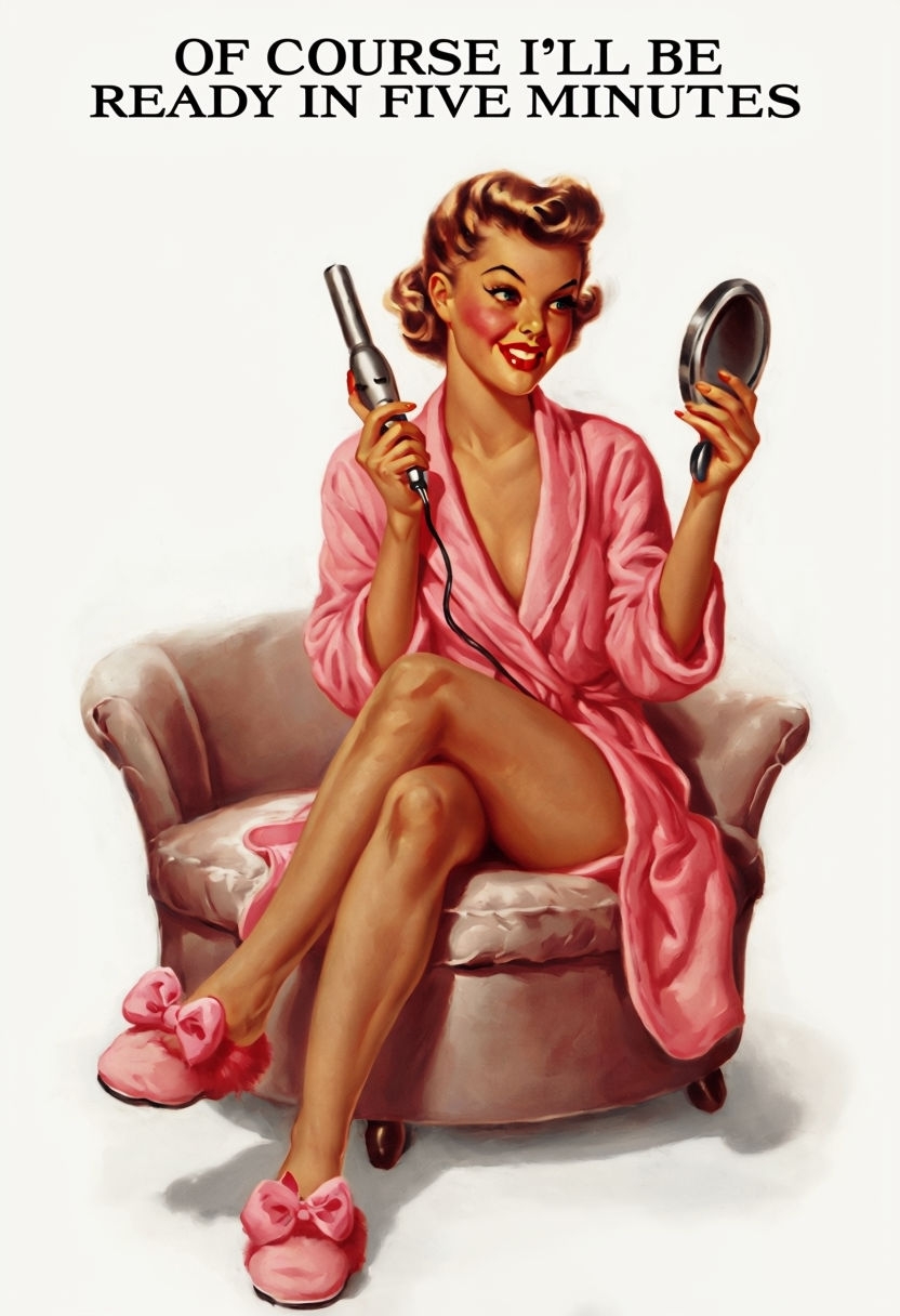 Vintage Pin-Up Woman with Curling Iron and Mirror Poster