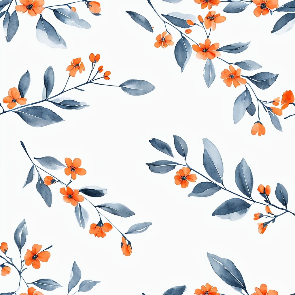 Orange Flower and Gray-Blue Leaf Seamless Pattern Art