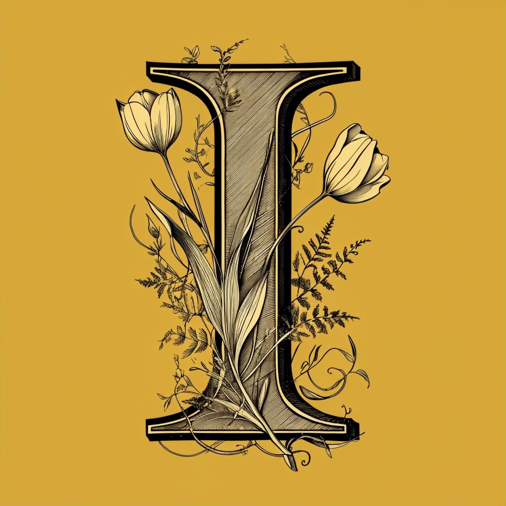 Botanical Letter I Intricate Design on Mustard Yellow Background Monogram