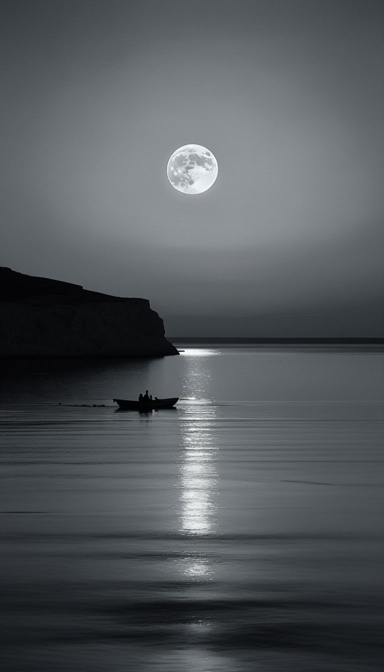 Serene Minimalist Black and White Moonlit Landscape Mobile Wallpaper