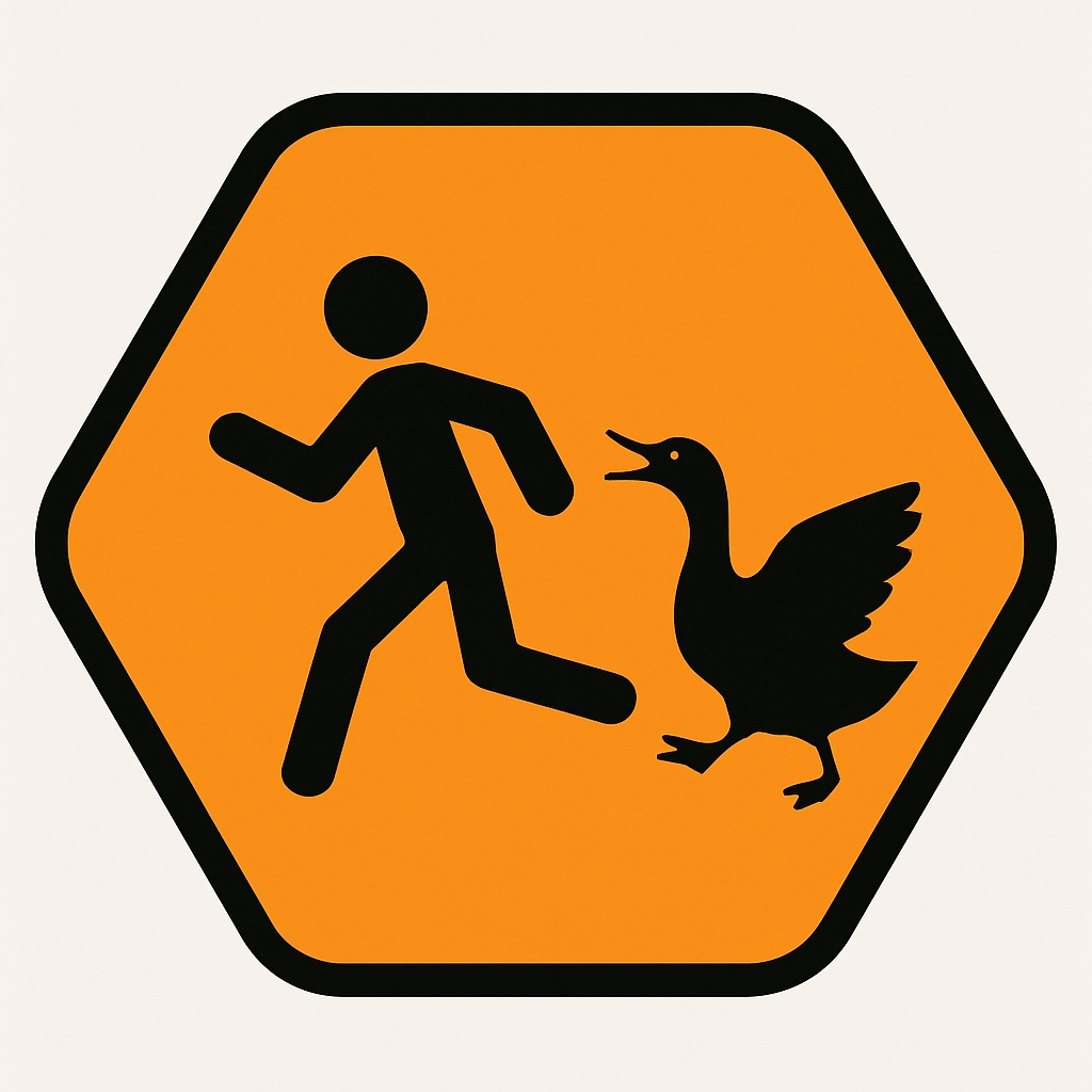 Vibrant Amber Warning Sign with Running Figure and Duck Illustration Event Sign