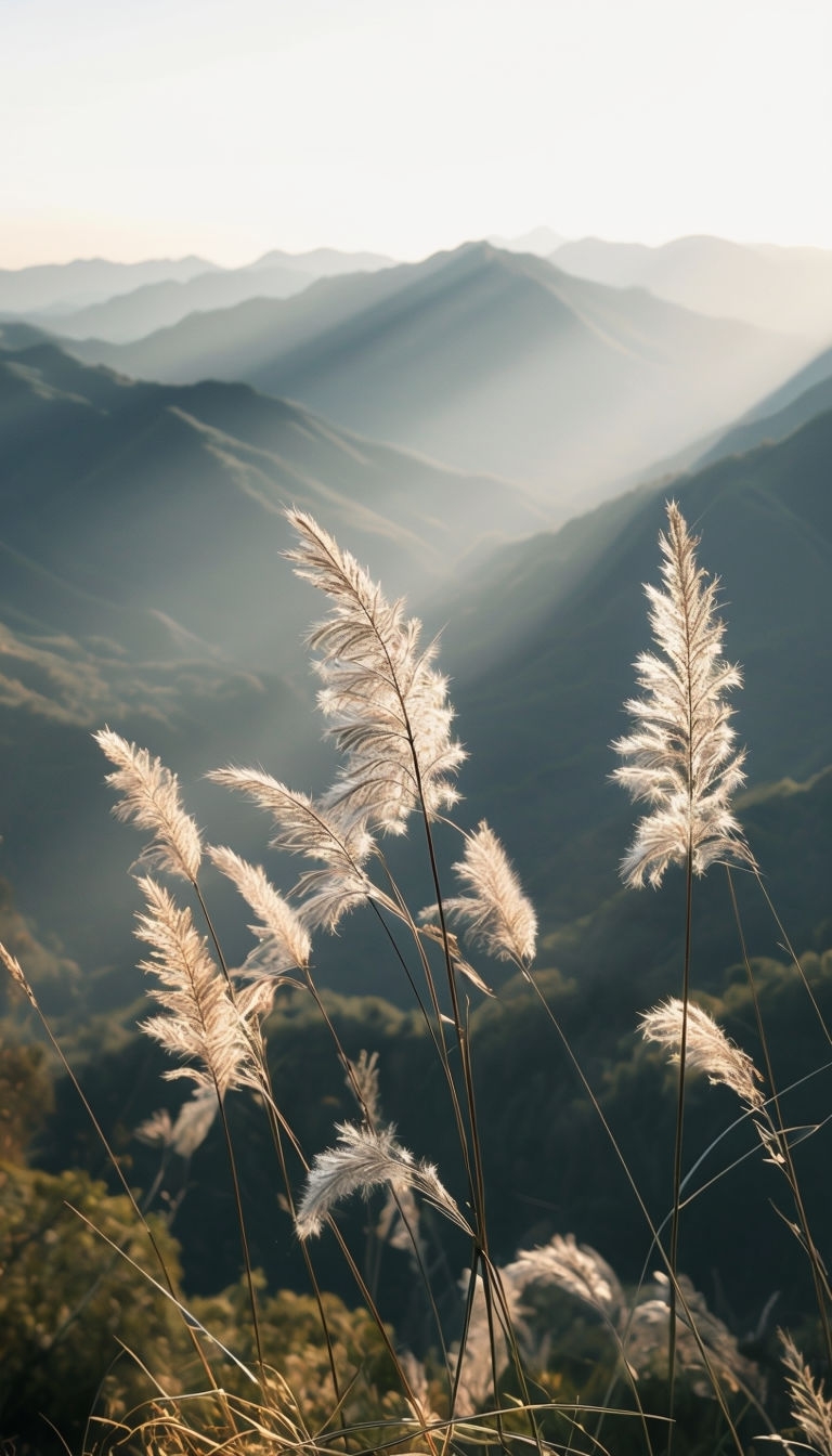 Serene Landscape with Feathery Grasses and Rolling Mountains Mobile Wallpaper