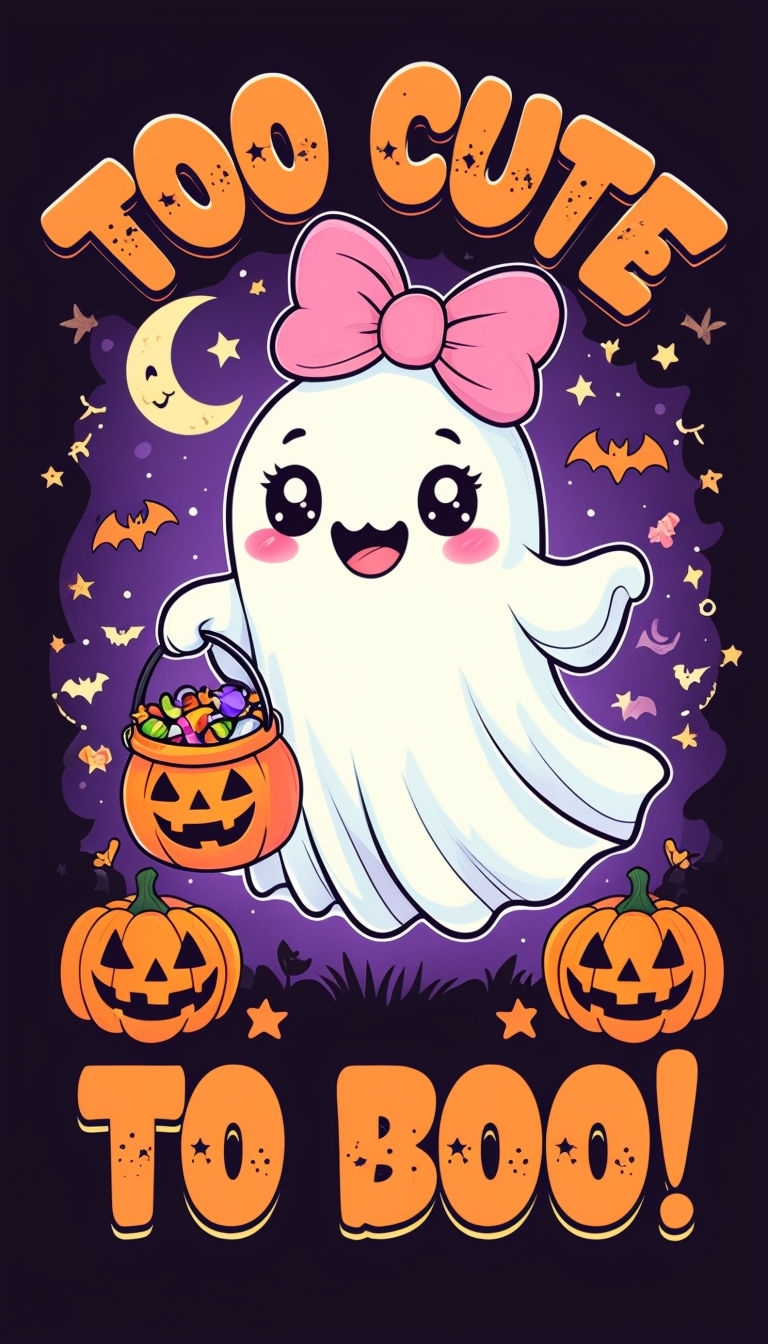 Cute Cartoon Ghost with Pumpkin Bucket Halloween Art Poster