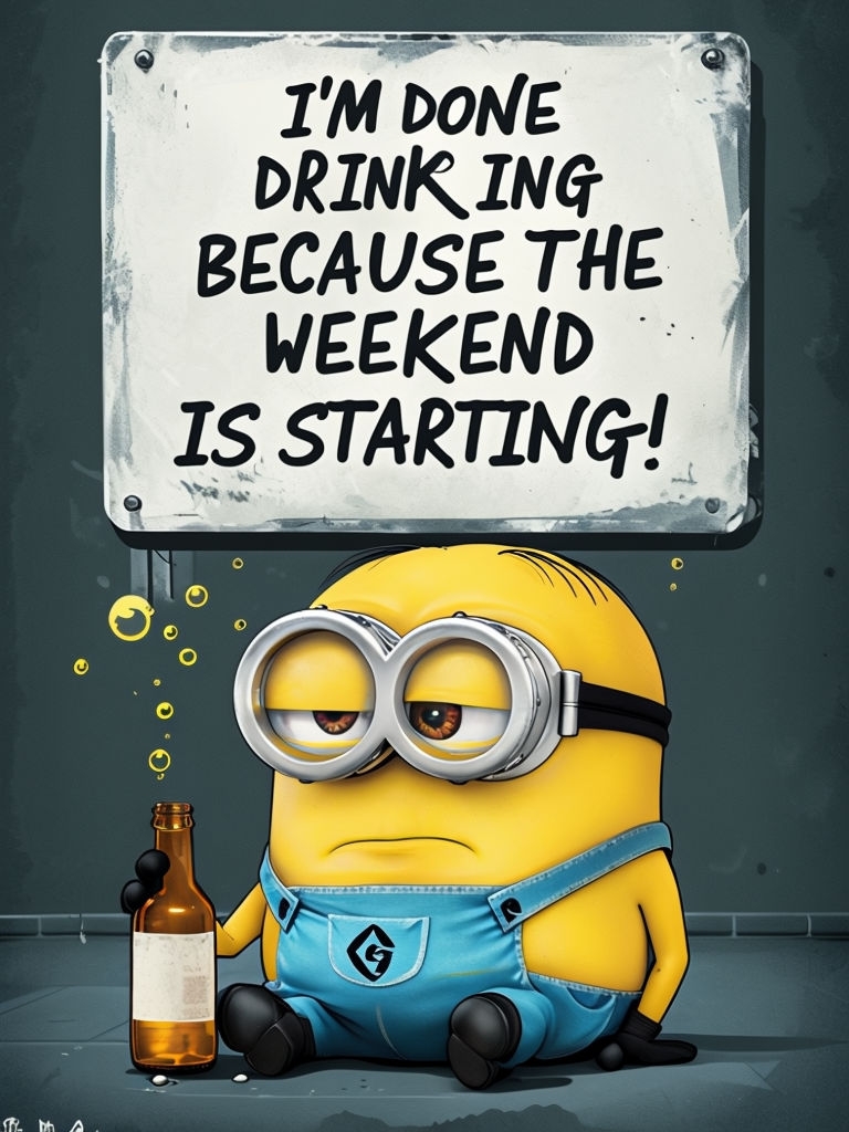 Exhausted Yellow Minion with Drink Humor Cartoon Poster