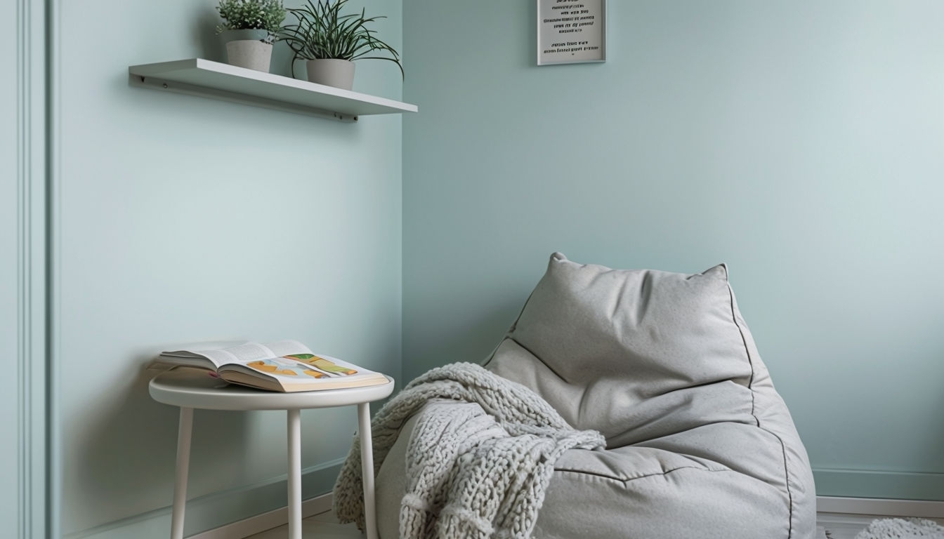 Cozy Study Nook with Mint Green Wall and Bean Bag Chair Art