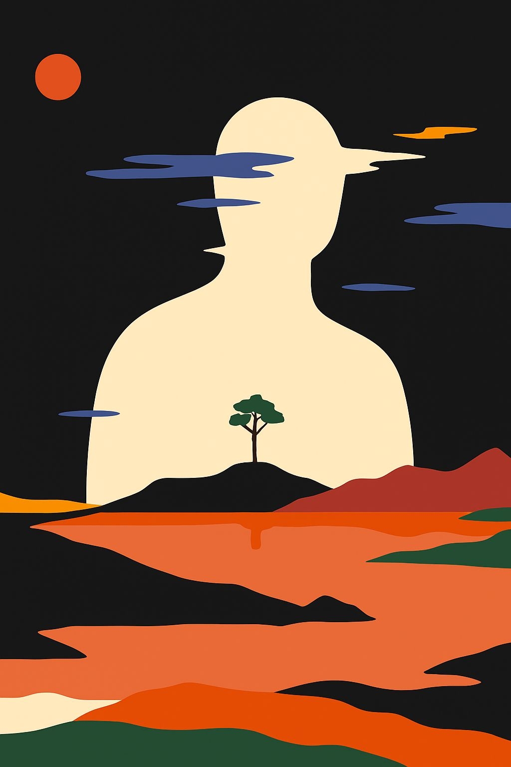 Minimalist Human Silhouette with Abstract Landscape Art