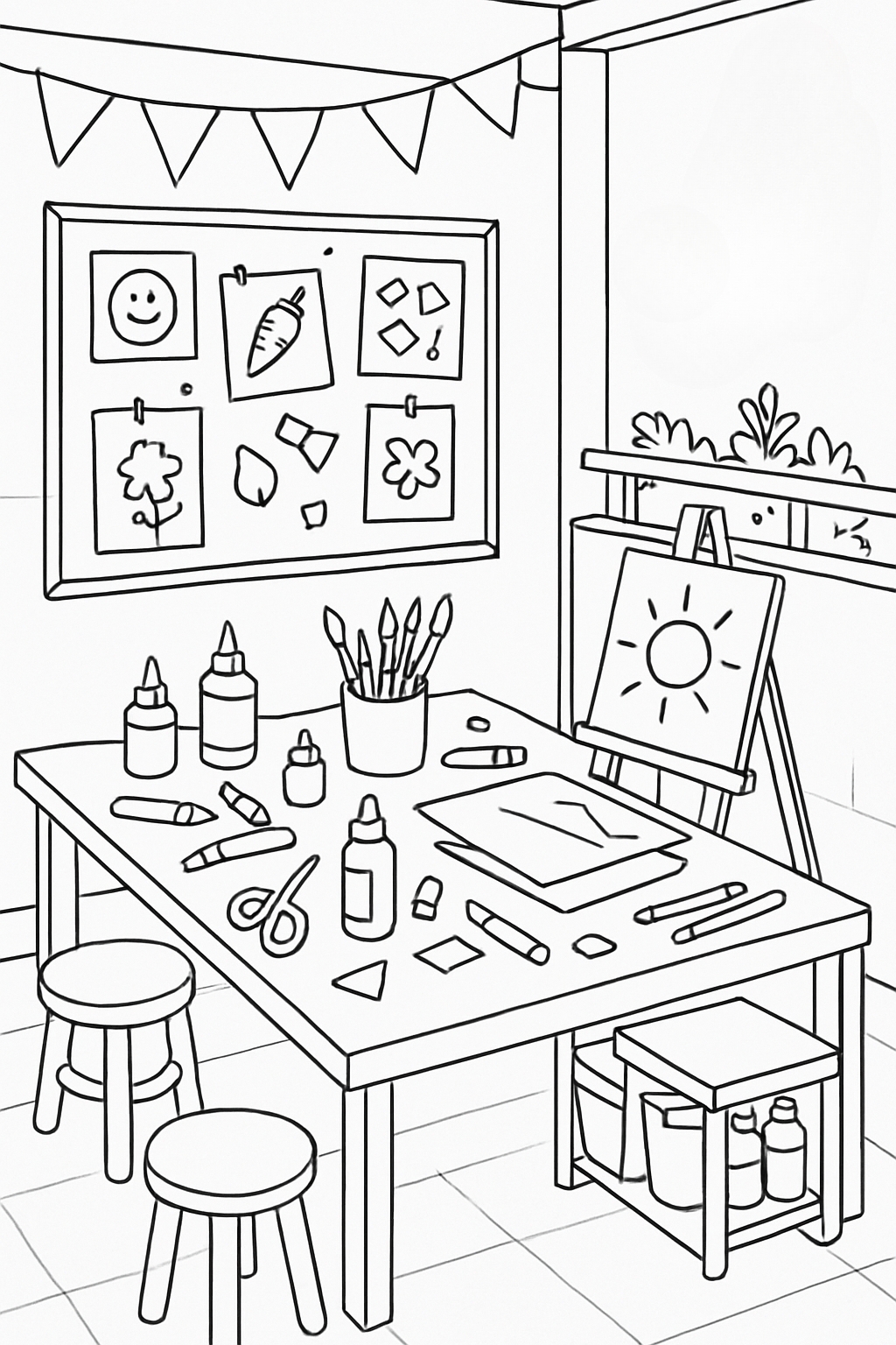 Art Classroom Line Drawing for Kids Coloring Book Pages