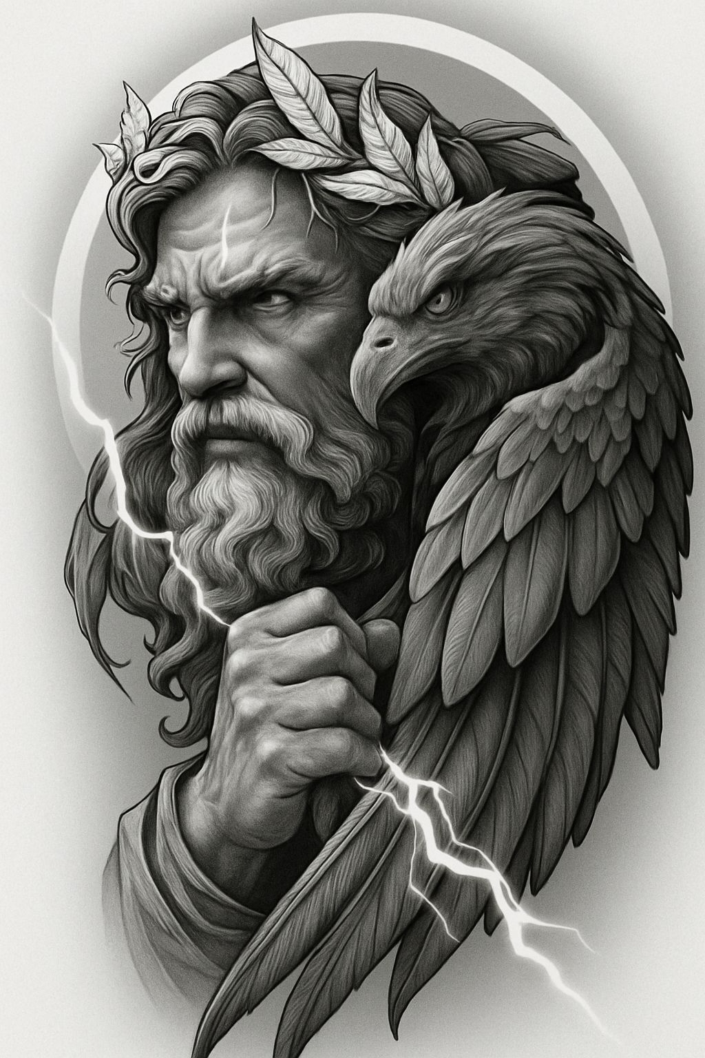 Grayscale Mythological Figure with Eagle and Lightning Bolt T-shirt