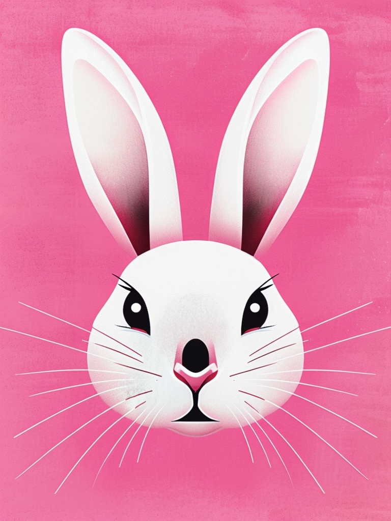 Minimalist White Rabbit Face on Bright Pink Background