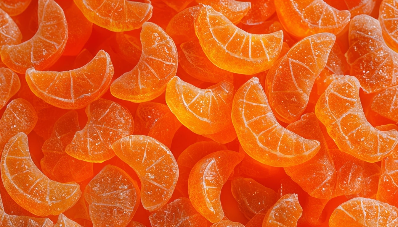 Vibrant Close-Up of Glossy Fruit Slice Candies Backgrounds