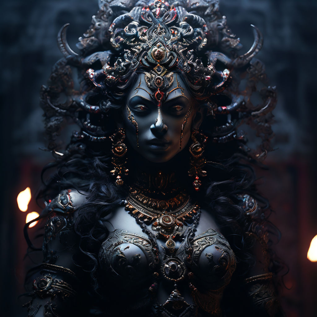 The hindu godess Kali completely nude with puffy nipples and 6 arms