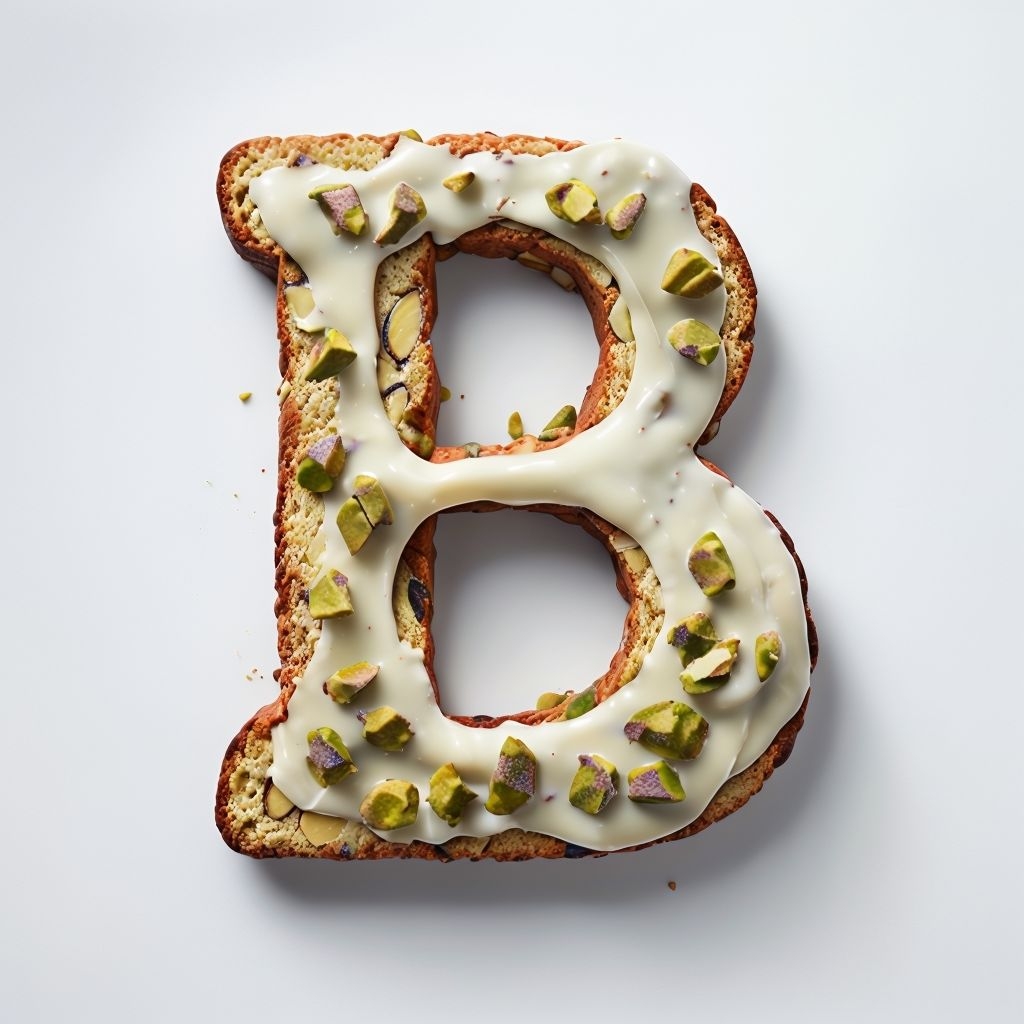 Intricate Baked Letter B Bread Design with Icing and Nuts Monogram