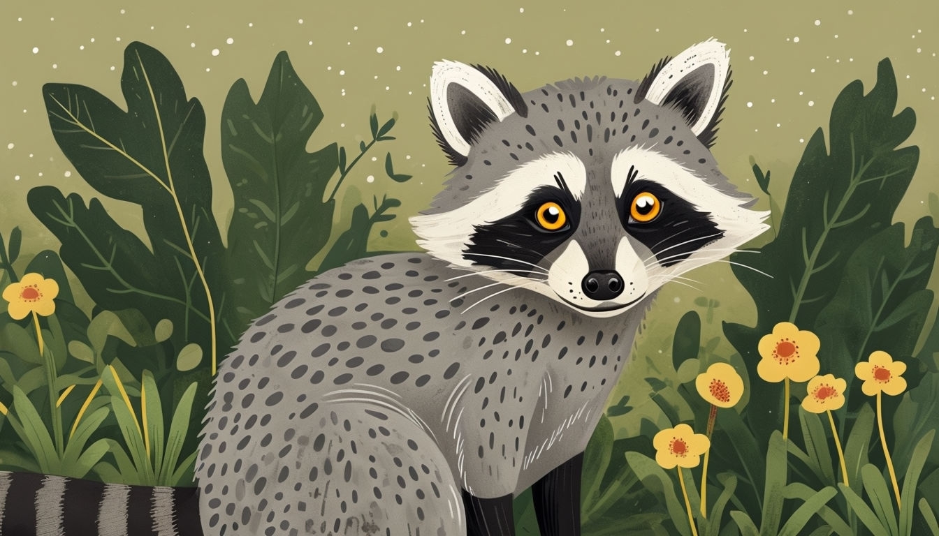 Whimsical Gray Raccoon with Green Foliage Virtual Background