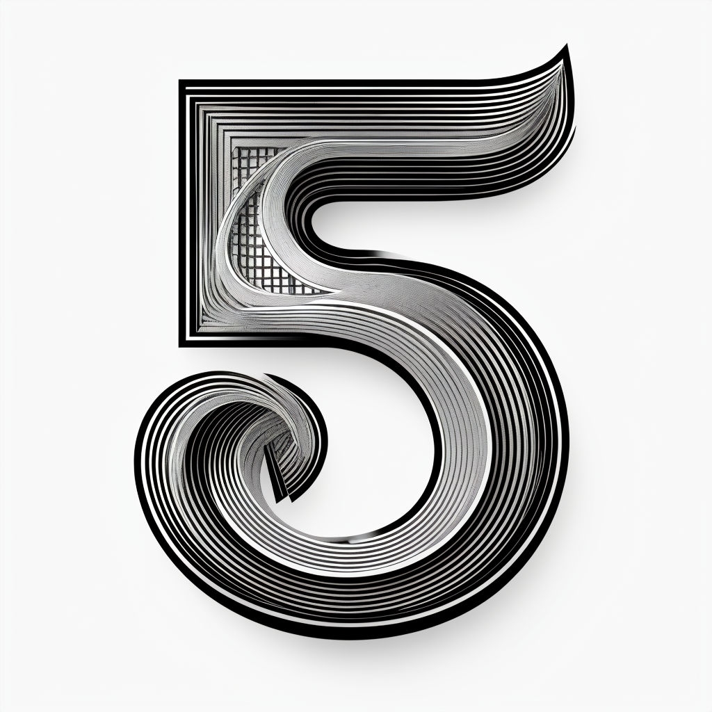 Intricate Stylized Black Gray Number 5 Abstract Art Monogram