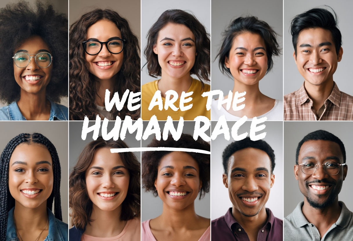 Diverse Smiling Faces Collage with 'We Are The Human Race' Social Media Post