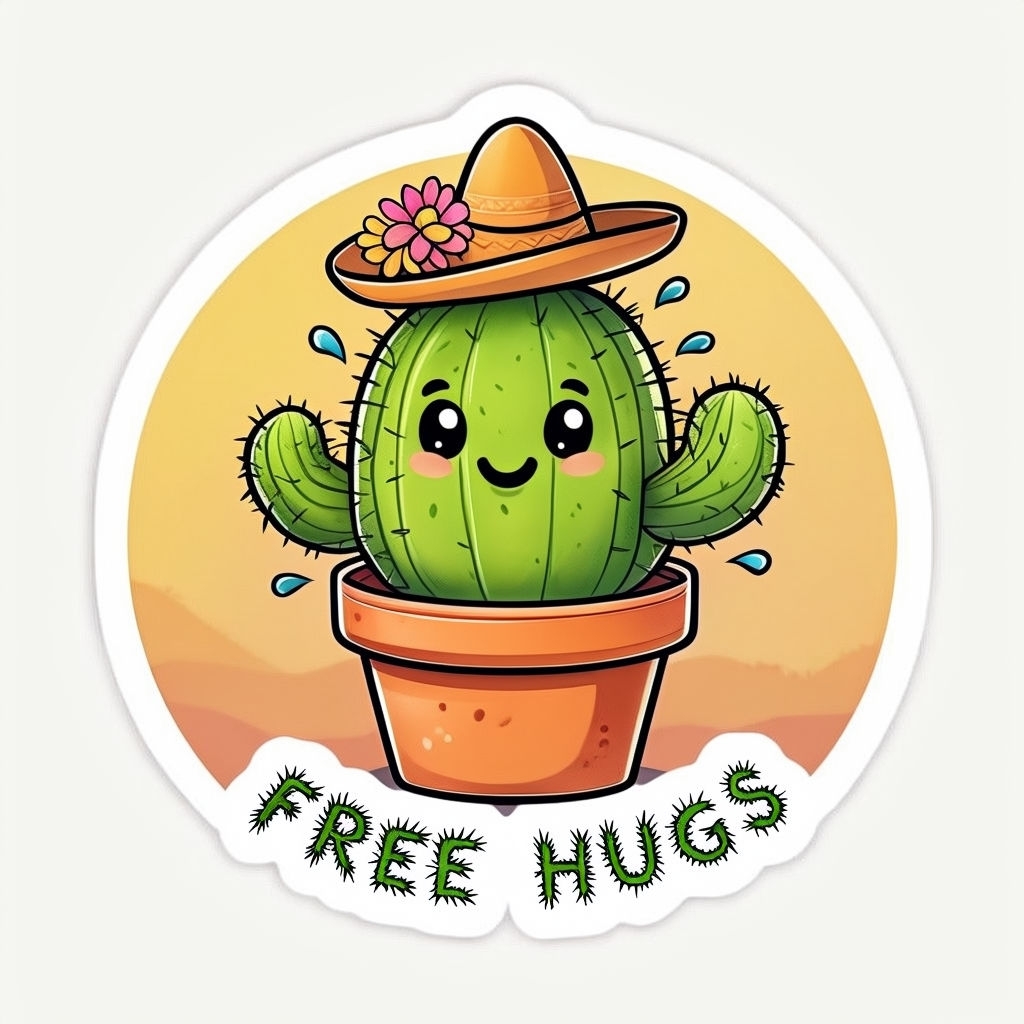 Charming Smiling Cactus Character with Free Hugs Sticker