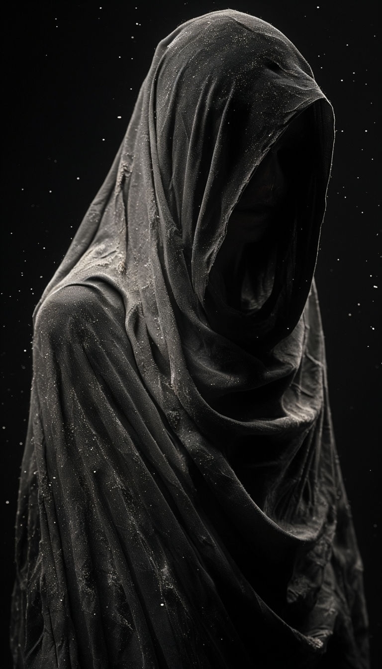 Eerie Dark Cloaked Figure in Monochrome Mobile Wallpaper