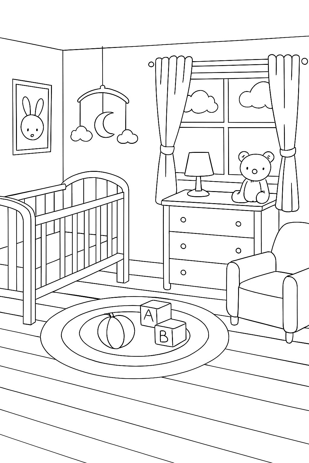 Cozy Baby Nursery Line Drawing for Coloring Book Pages