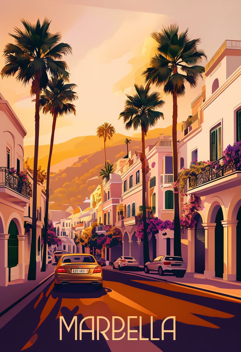 Serene Sunset in Marbella with Mediterranean Architecture Poster