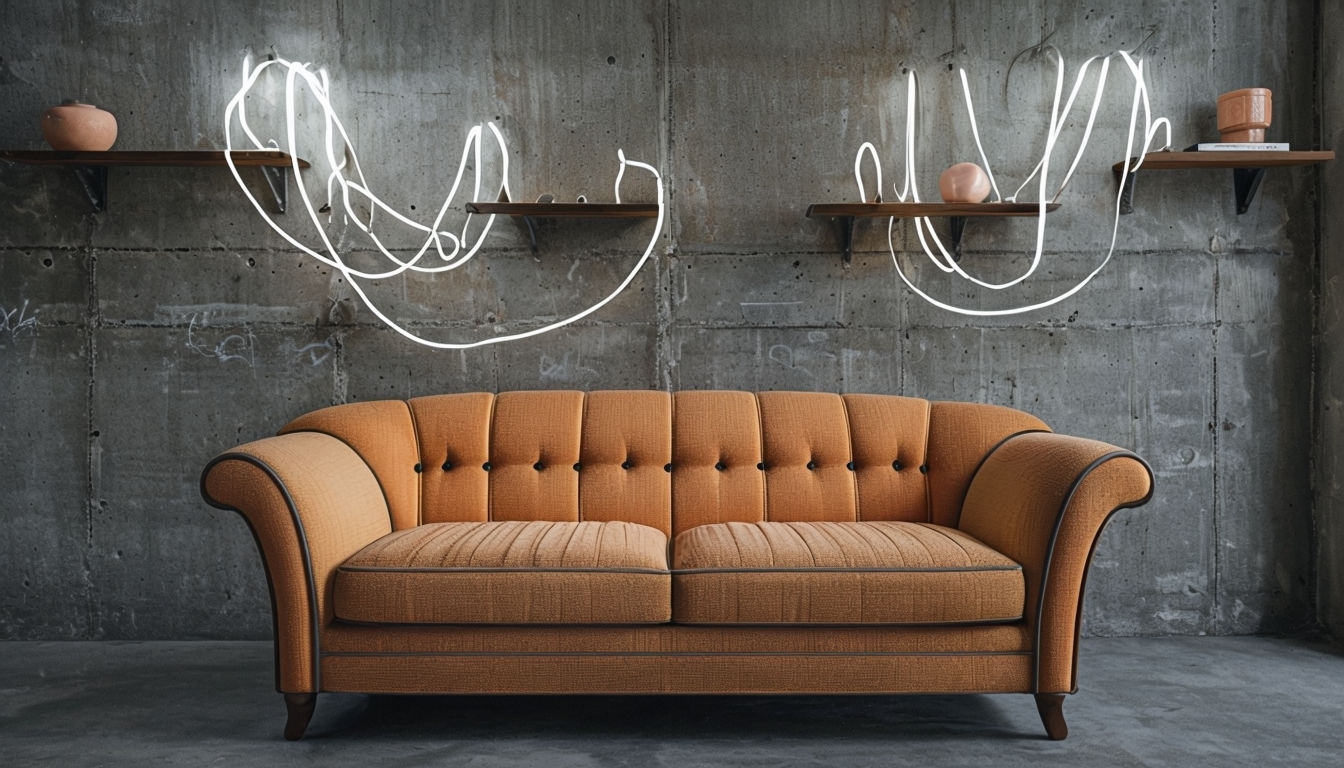 Vintage-Inspired Loveseat in Cozy Industrial Indoor Scene Virtual Backgrounds