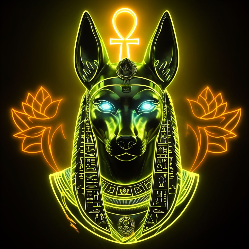 Luminous Neon Anubis with Hieroglyphs and Lotus Motifs T-shirt