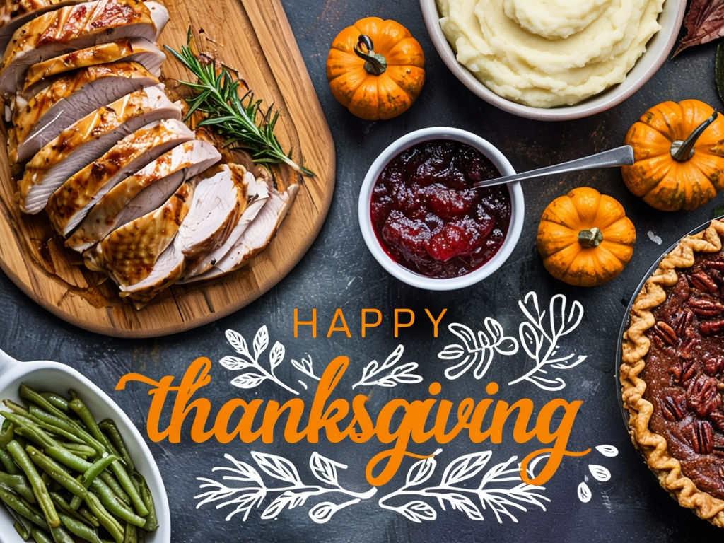 Festive Thanksgiving Dinner Overhead Photo with Delicious Traditional Dishes Poster