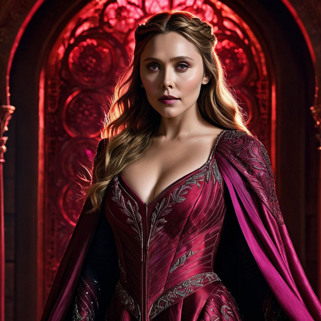 Actress Elizabeth Olsen wearing as character Scarlet Witch with big breasts  and big ass